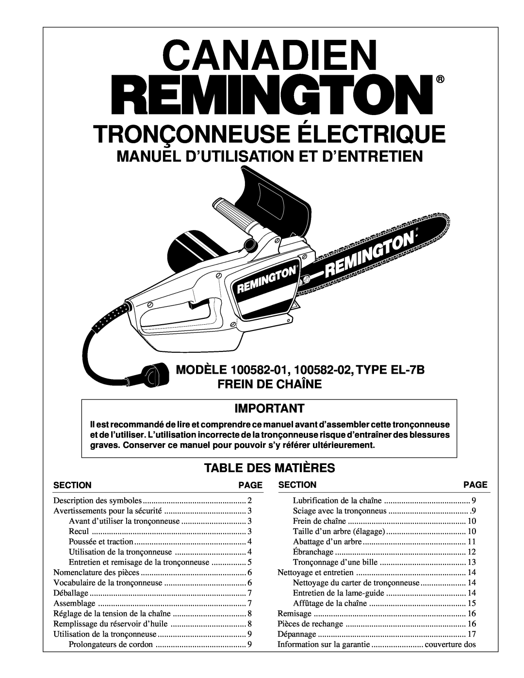 Remington 100582-01, 100582-02, EL-7B owner manual Canadien, Tronç Onneuse É Lectrique, Manuel D’Utilisation Et D’Entretien 