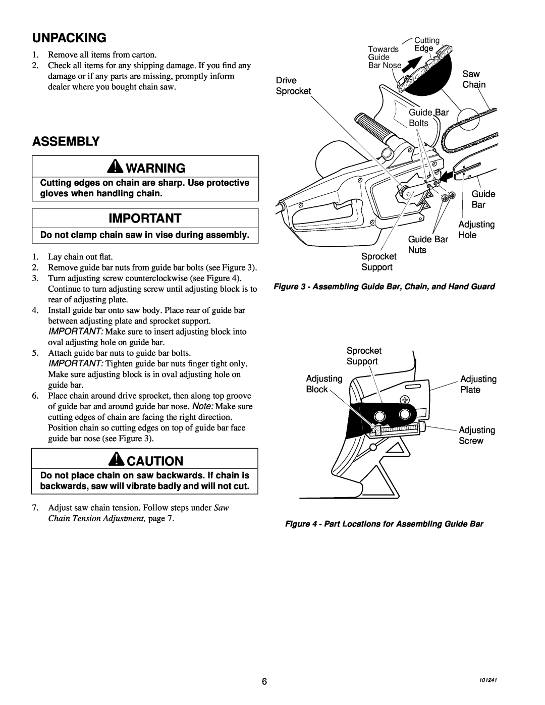 Remington 100582-01, 100582-02 owner manual Unpacking, Assembly, Do not clamp chain saw in vise during assembly 