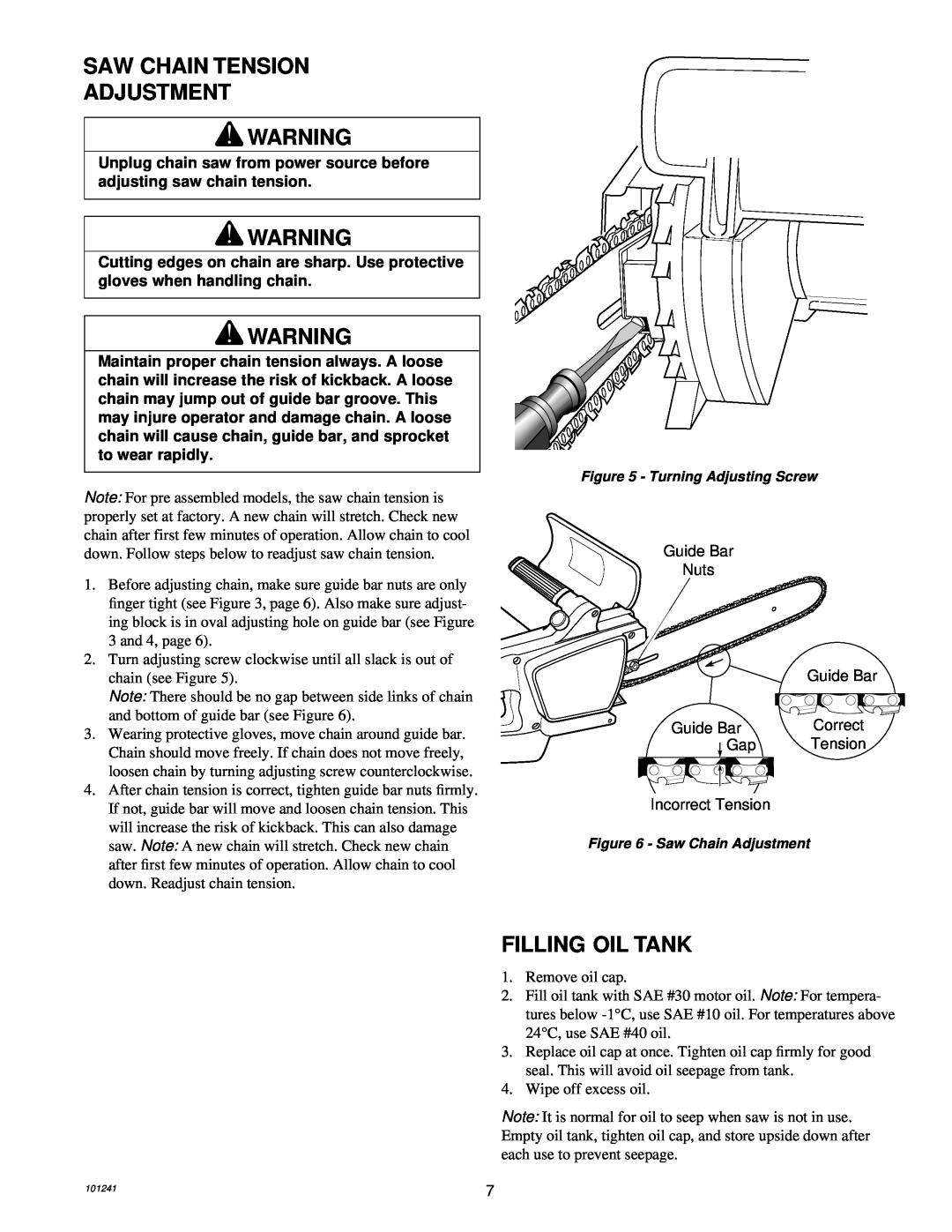 Remington 100582-01, 100582-02, EL-7B owner manual Saw Chain Tension Adjustment, Filling Oil Tank 