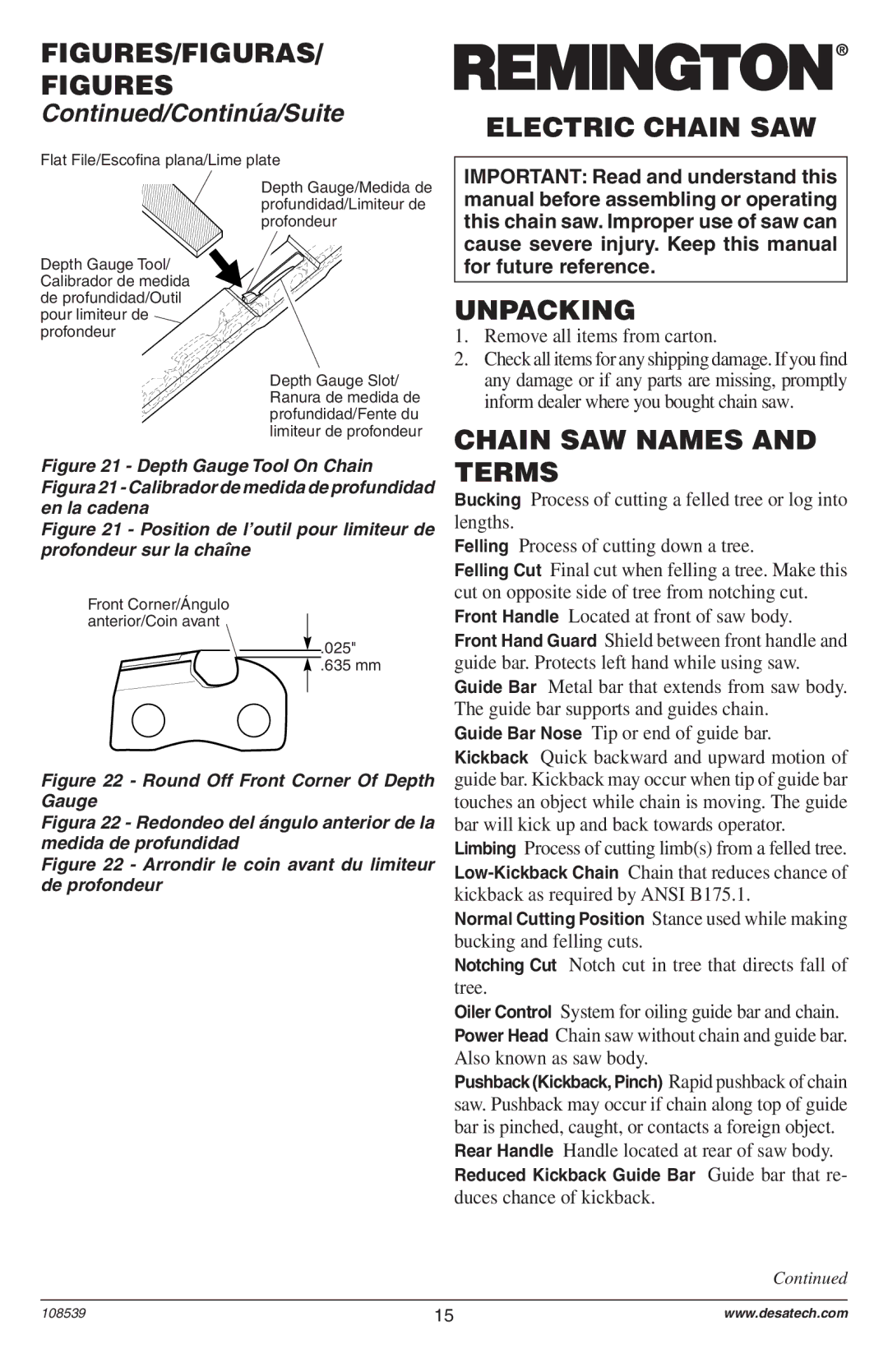 Remington 104316-04,106890-01, 108526-01, 104317, 106821, 106821A Electric Chain SAW, Unpacking, Chain SAW Names and Terms 