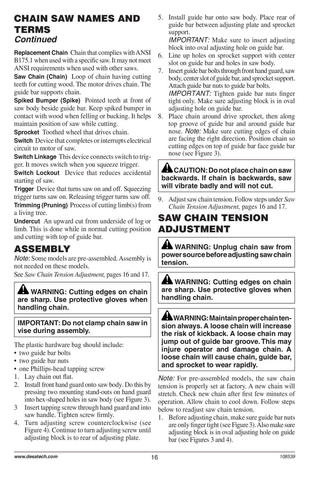 Remington 104316-04,106890-01, 108526-01, 104317, 106821, 106821A owner manual Assembly, SAW Chain Tension Adjustment 