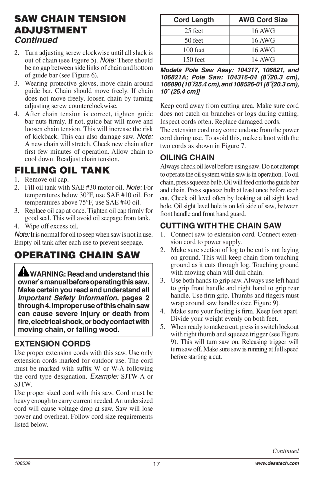 Remington 104316-04,106890-01, 108526-01, 104317, 106821, 106821A Filling OIL Tank, Operating Chain SAW, Extension Cords 