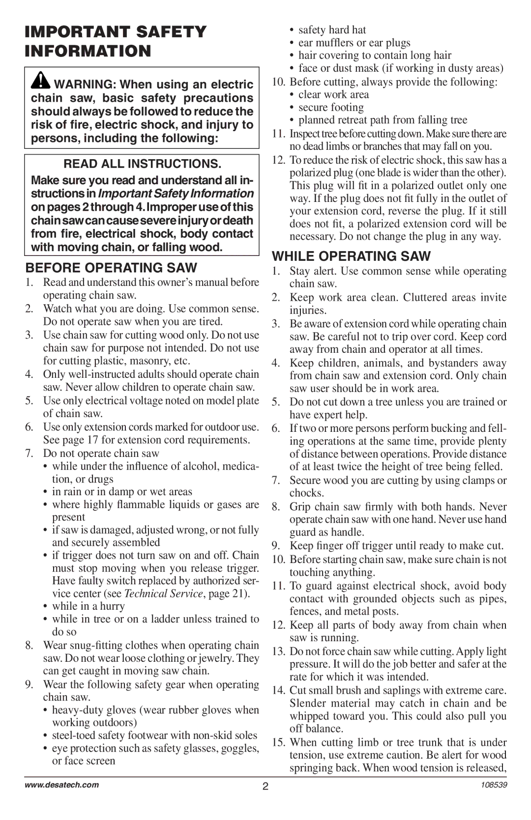 Remington 104316-04,106890-01, 108526-01, 104317, 106821, 106821A Important Safety Information, Before Operating SAW 