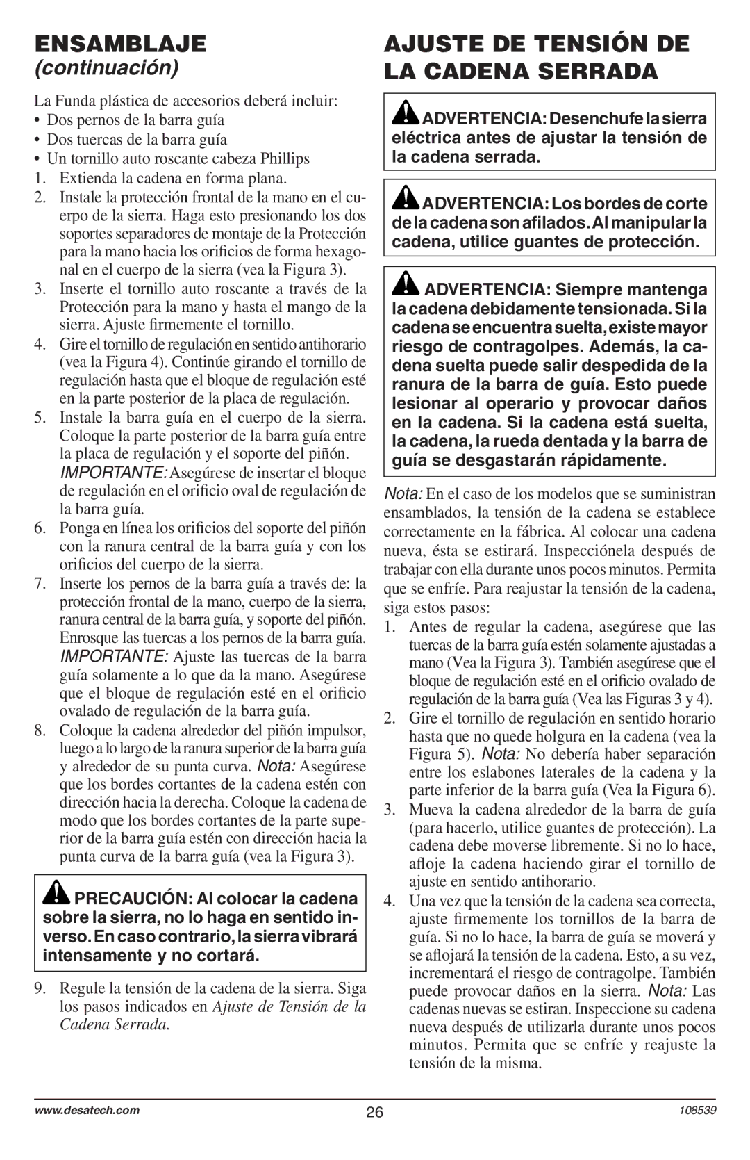 Remington 104316-04,106890-01, 108526-01, 104317, 106821, 106821A owner manual Ajuste DE Tensión DE LA Cadena Serrada 