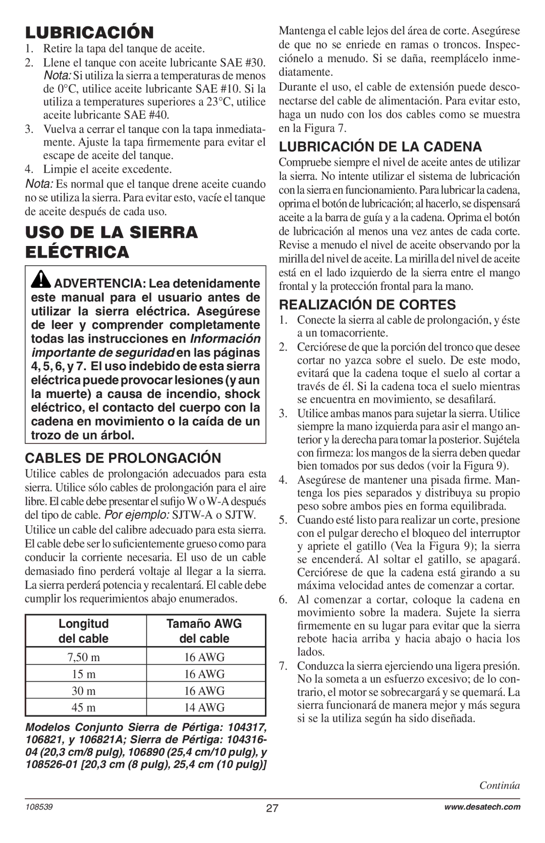 Remington 104316-04,106890-01, 108526-01, 104317, 106821, 106821A owner manual Lubricación, USO DE LA Sierra Eléctrica 