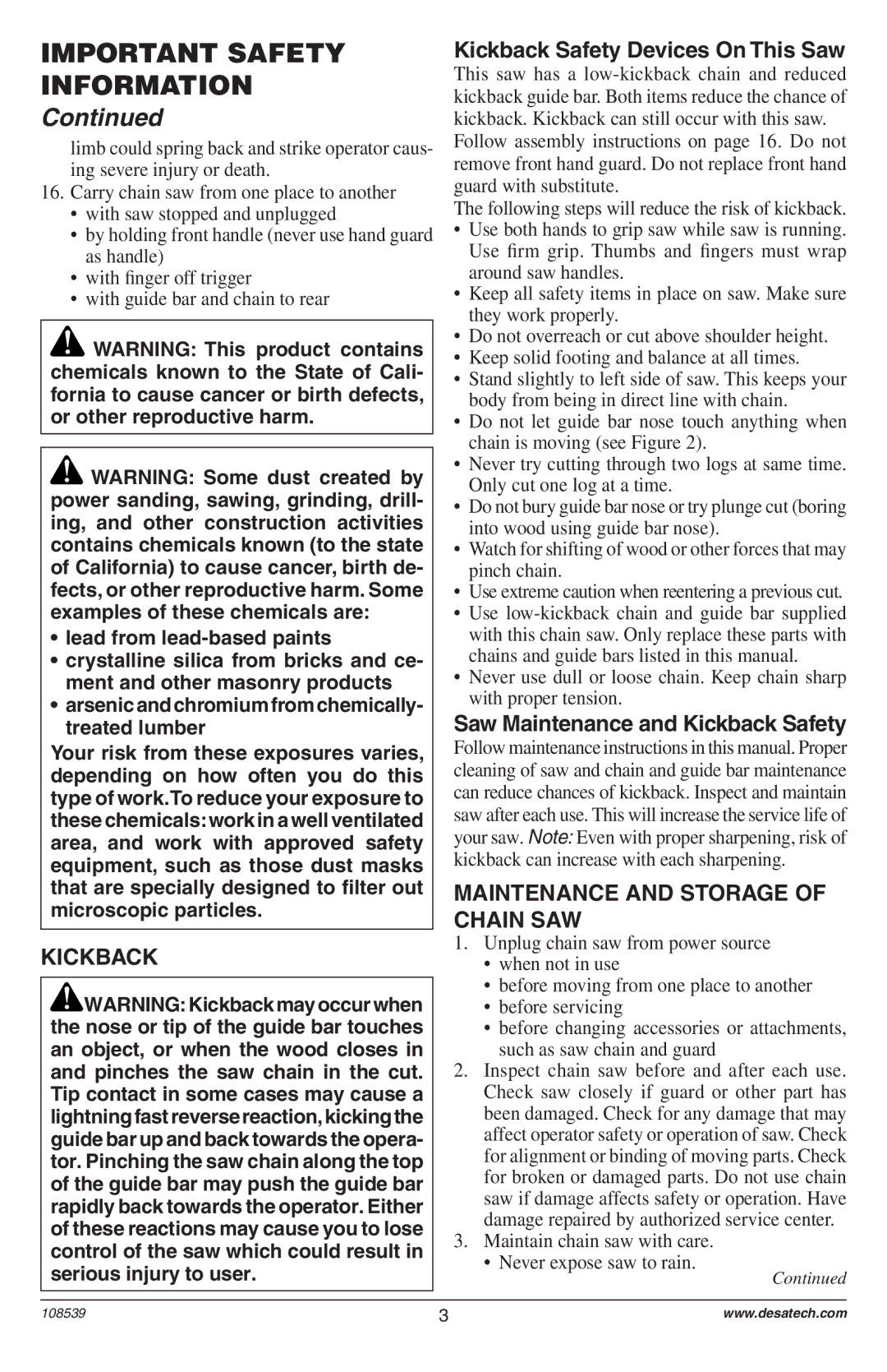 Remington 104316-04,106890-01, 108526-01, 104317, 106821, 106821A owner manual Kickback Safety Devices On This Saw 