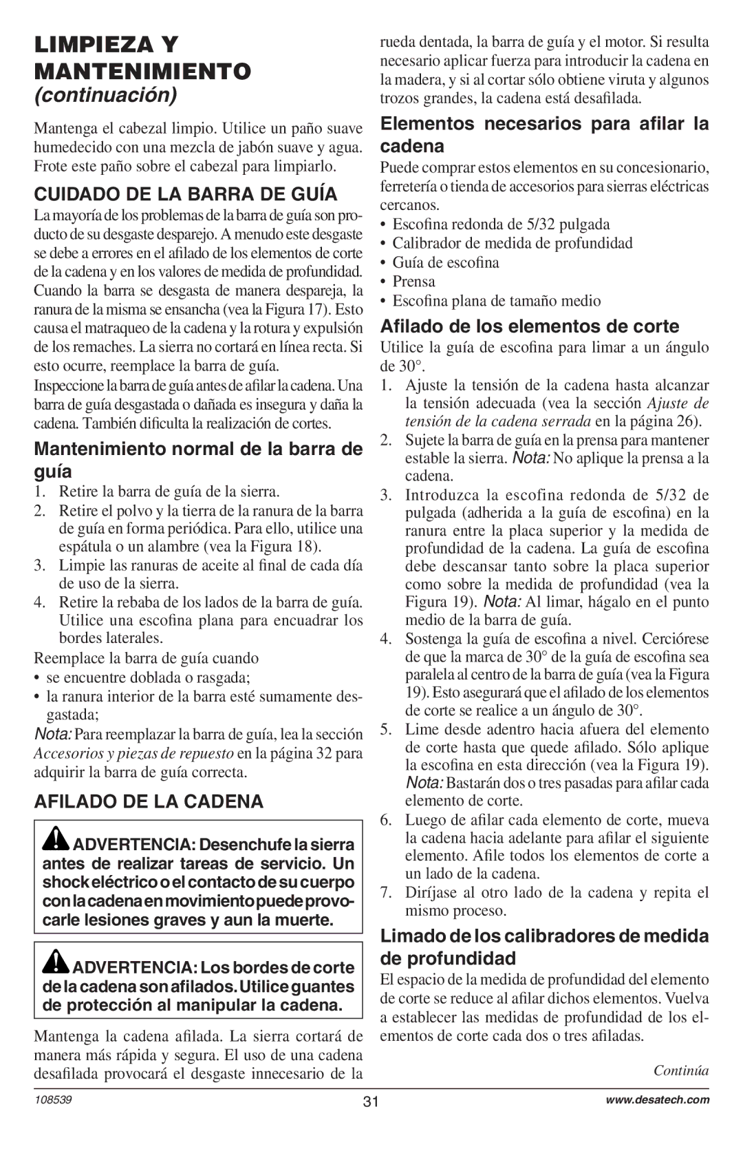 Remington 104316-04,106890-01, 108526-01, 104317, 106821, 106821A Cuidado DE LA Barra DE Guía, Afilado DE LA Cadena 