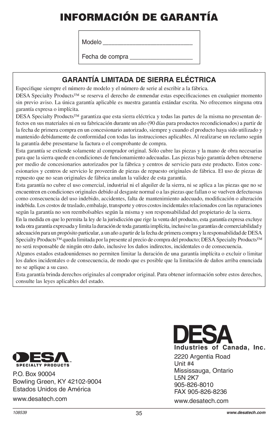 Remington 104316-04,106890-01, 108526-01, 104317, 106821, 106821A owner manual Garantía Limitada DE Sierra Eléctrica 