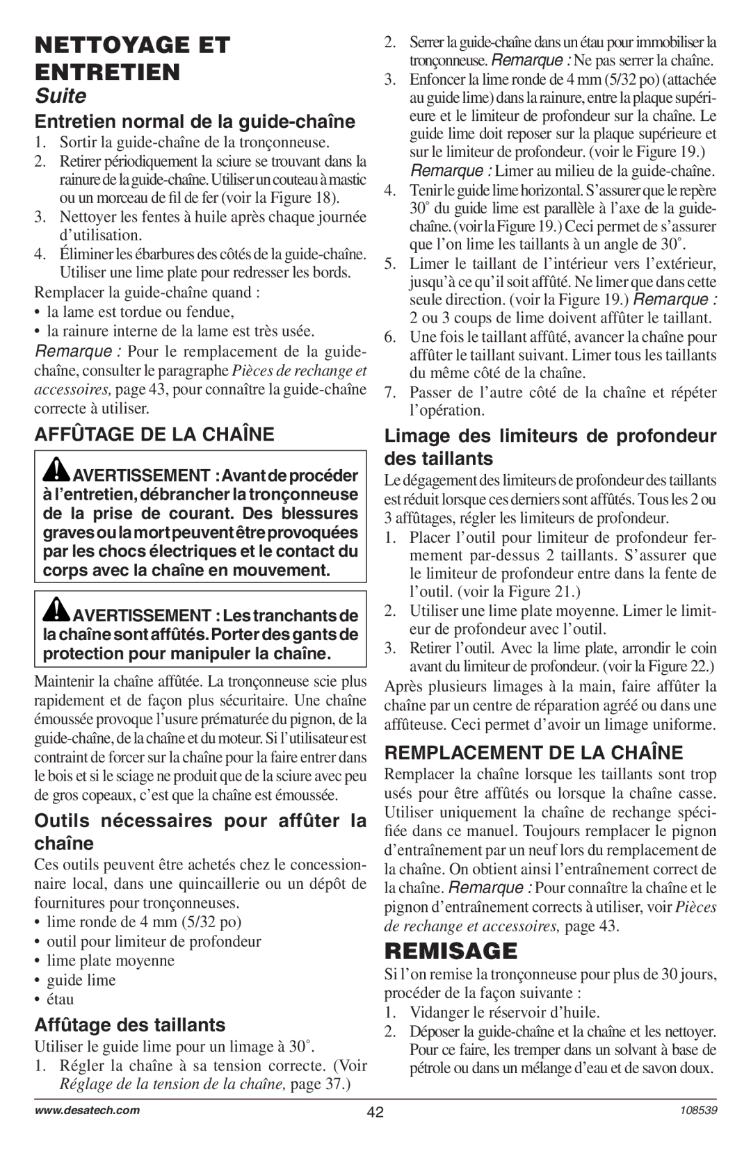 Remington 104316-04,106890-01, 108526-01, 104317, 106821, 106821A owner manual Remisage, Affûtage DE LA Chaîne 