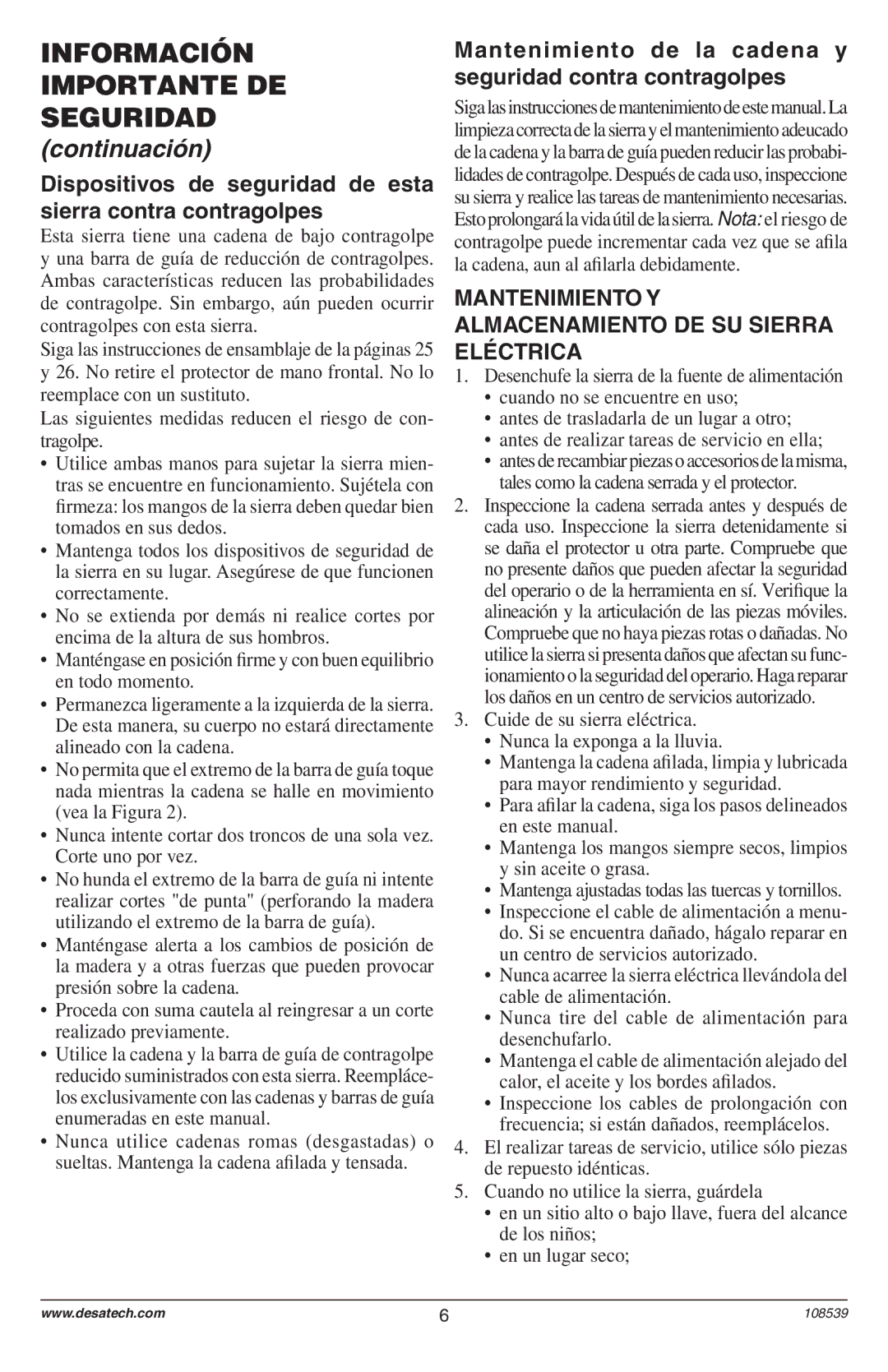 Remington 104316-04,106890-01, 108526-01, 104317, 106821, 106821A Mantenimiento Y Almacenamiento DE SU Sierra Eléctrica 