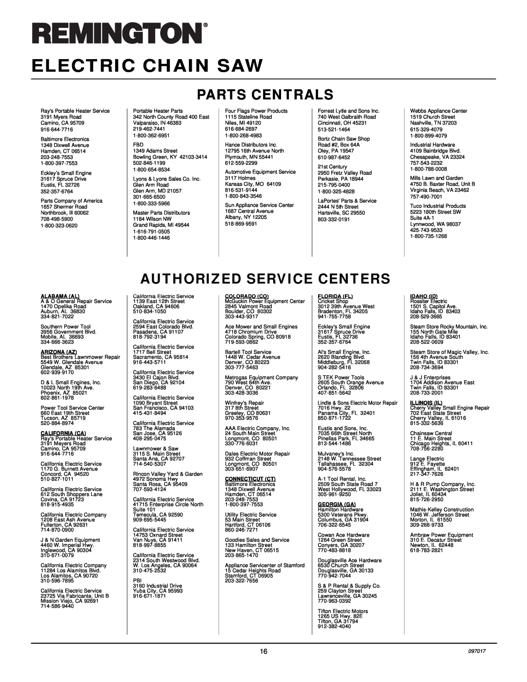 Remington 099178H EL-1 Parts Centrals, Authorized Service Centers, Electric Chain Saw, Alabama Al, Arizona Az, Colorado Co 