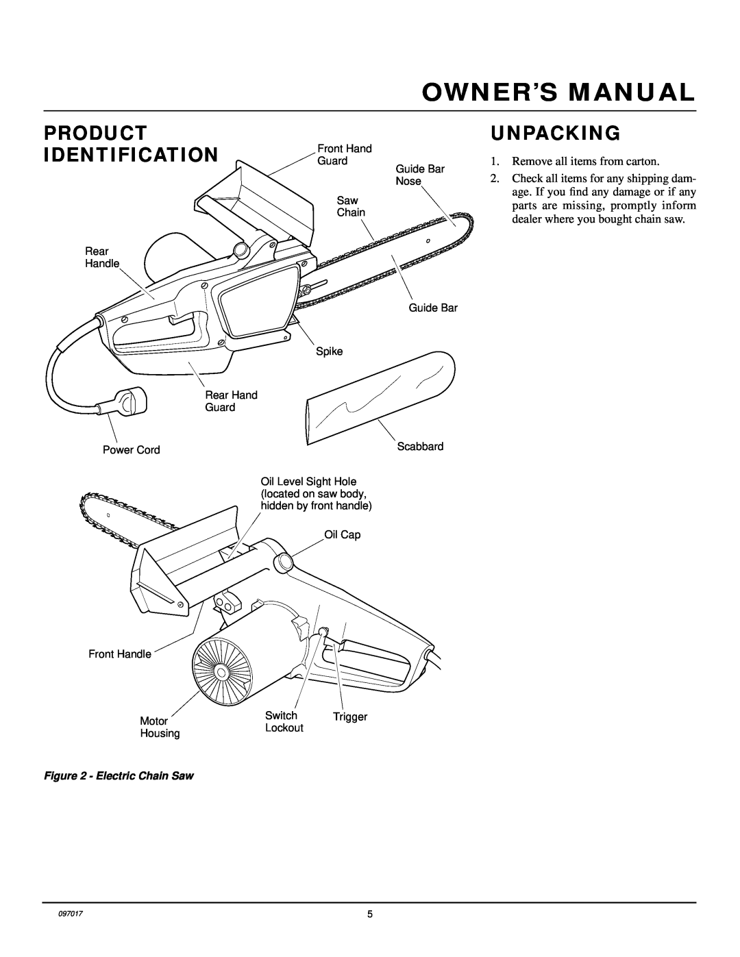 Remington 076702J, 104317, 104316-01, 100089-01, 100015, 076728J Product, IDENTIFICATION Guard, Unpacking, Electric Chain Saw 
