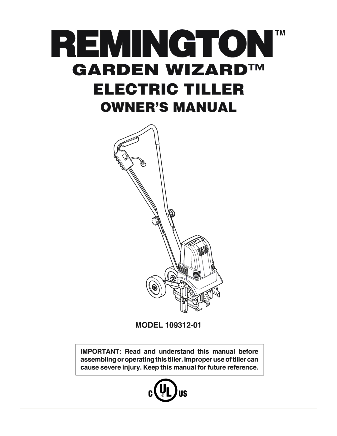 Remington 109312-01 owner manual Garden Wizard Electric Tiller 