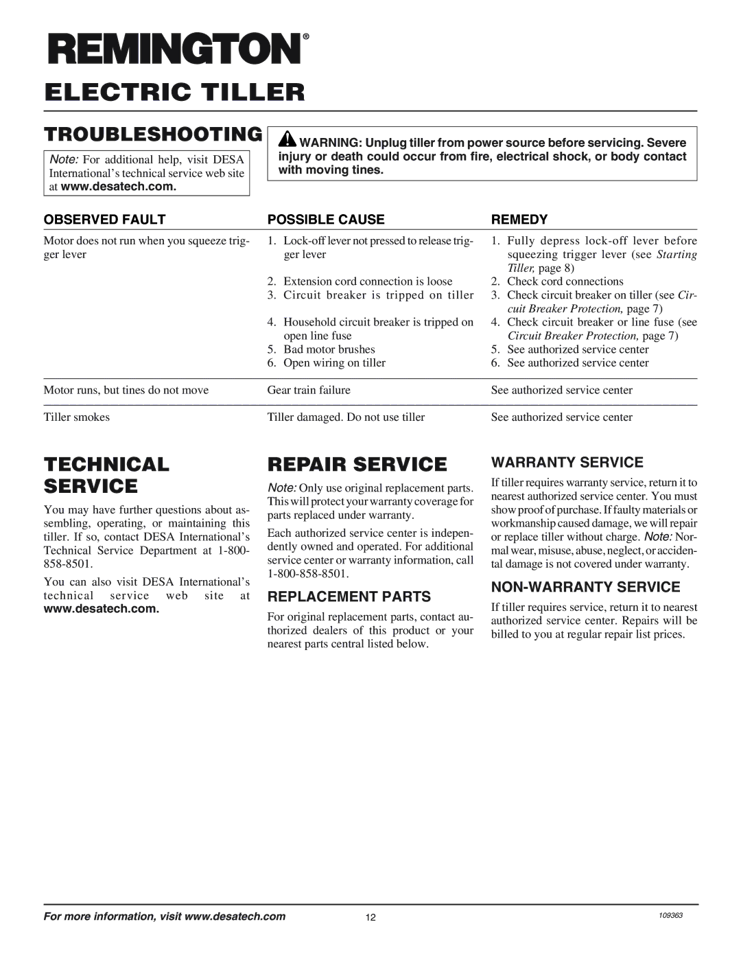 Remington 109312-01 owner manual Troubleshooting, Technical Service, Repair Service 