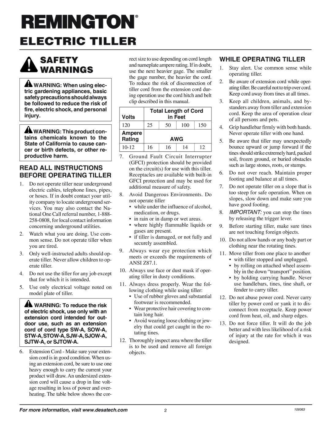 Remington 109312-01 owner manual Safety, Read ALL Instructions Before Operating Tiller, While Operating Tiller, 120 100 150 