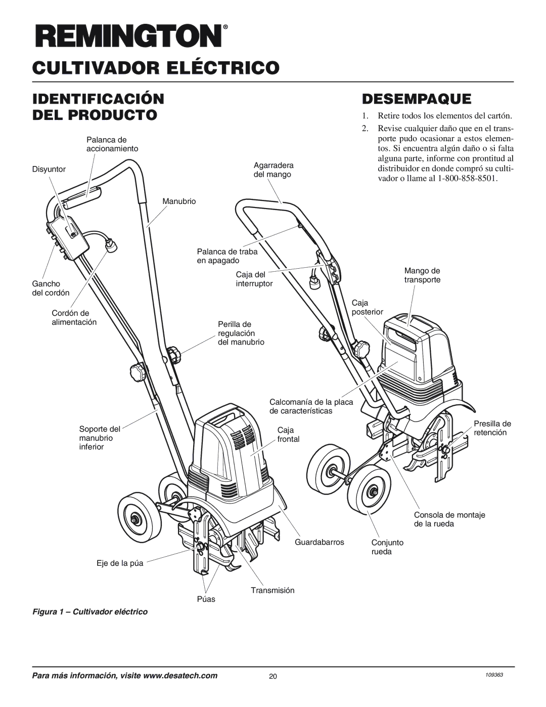 Remington 109312-01 owner manual Identificación DEL Producto, Desempaque 