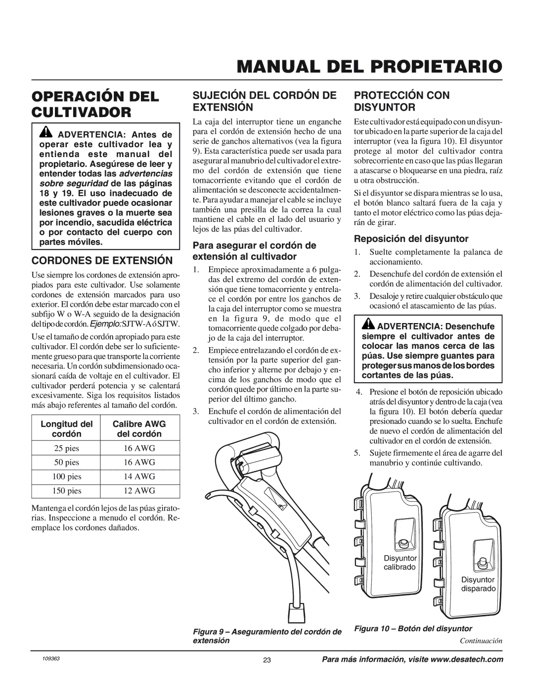 Remington 109312-01 owner manual Operación DEL Cultivador, Cordones DE Extensión, Sujeción DEL Cordón DE Extensión 