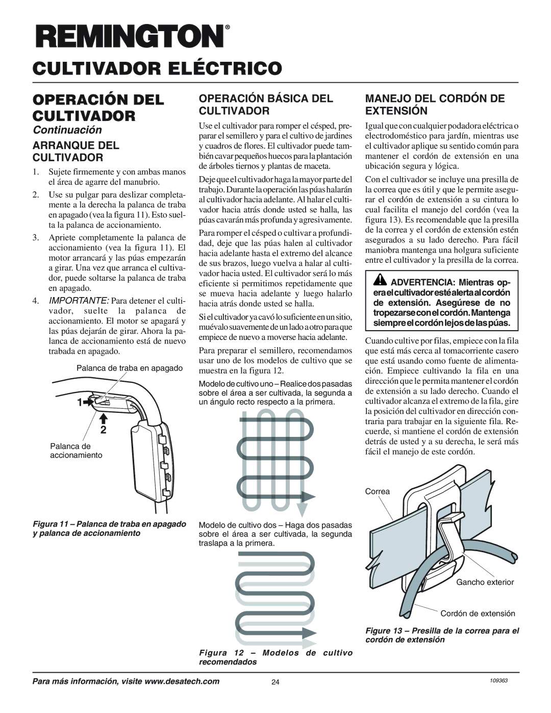 Remington 109312-01 owner manual Arranque DEL Cultivador, Operación Básica DEL Cultivador, Manejo DEL Cordón DE Extensión 