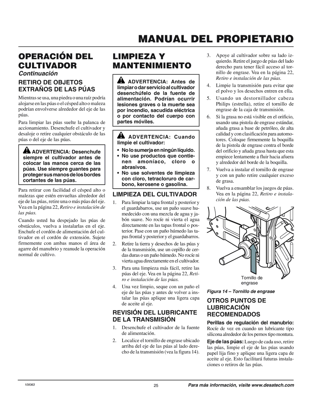 Remington 109312-01 owner manual Limpieza Y Mantenimiento, Retiro DE Objetos Extraños DE LAS Púas, Limpieza DEL Cultivador 