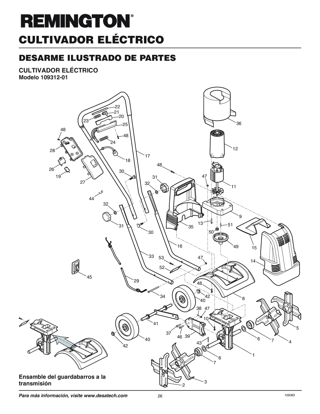 Remington 109312-01 Desarme Ilustrado DE Partes, Cultivador Eléctrico, Modelo Ensamble del guardabarros a la transmisión 