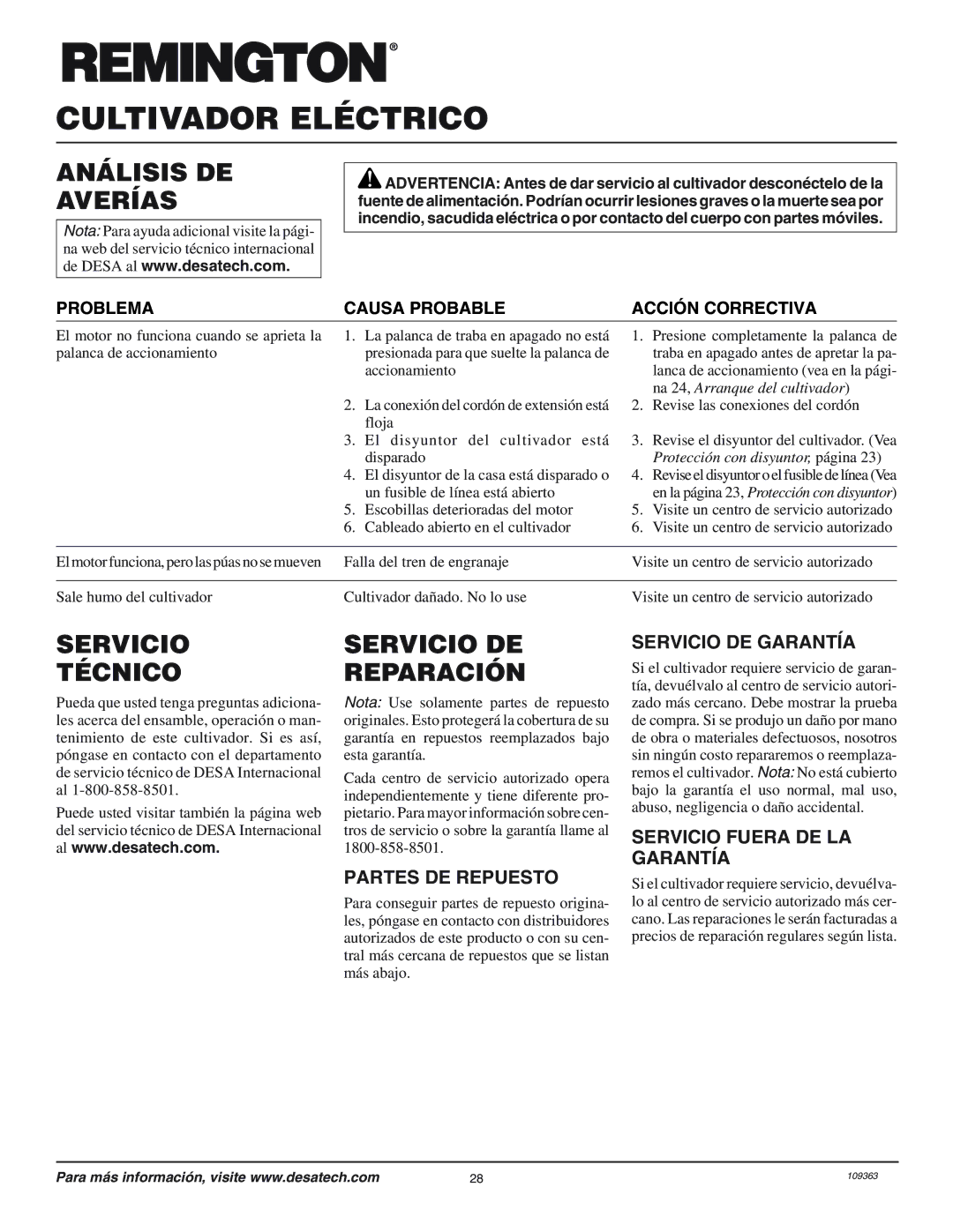 Remington 109312-01 owner manual Análisis DE Averías, Servicio Técnico, Servicio DE Reparación 