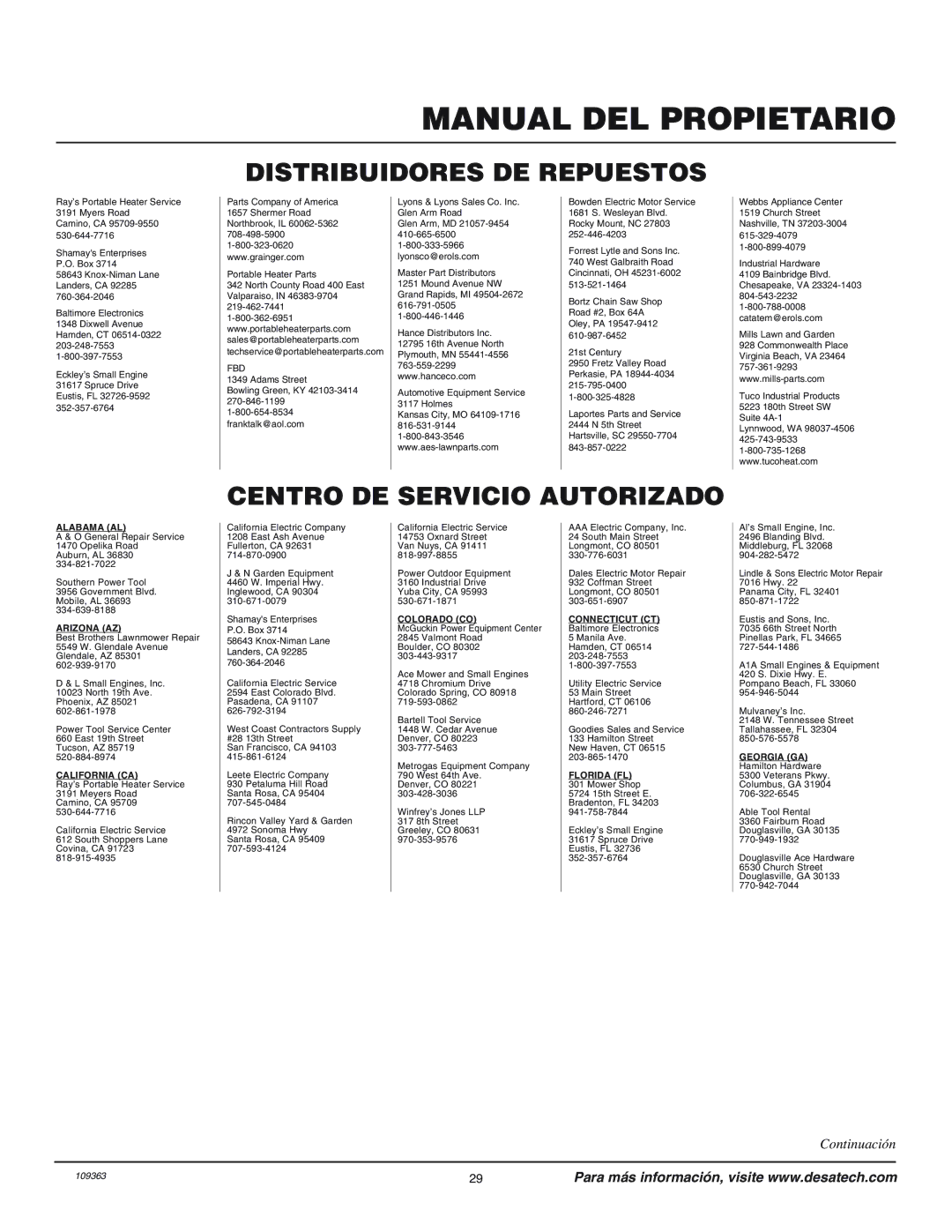 Remington 109312-01 owner manual Distribuidores DE Repuestos, Centro DE Servicio Autorizado 