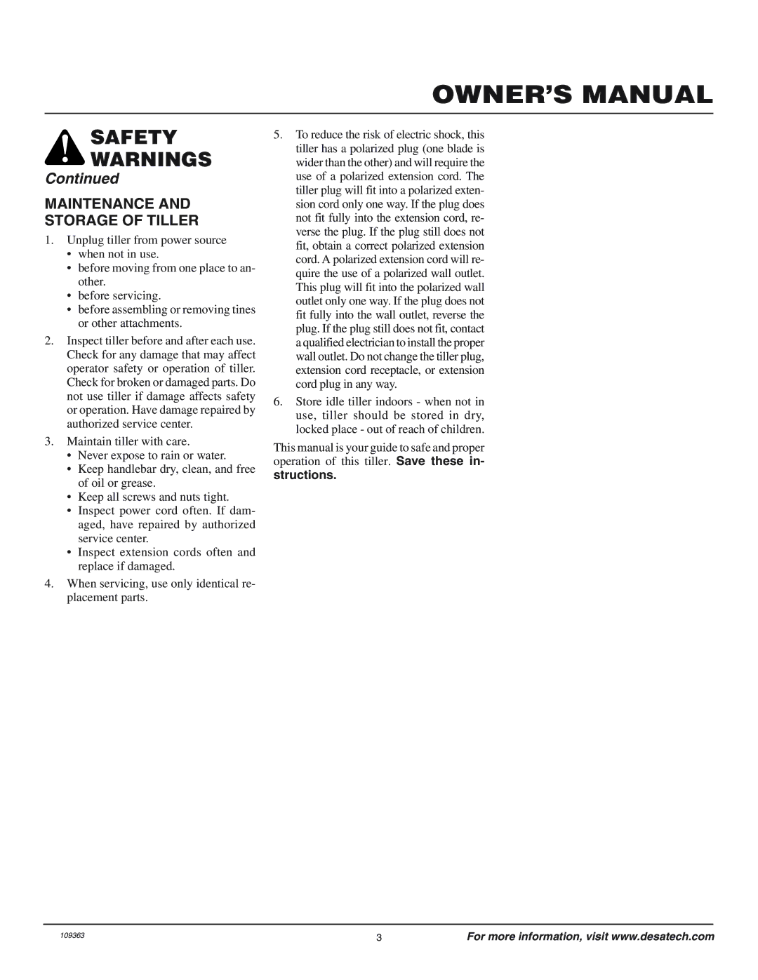 Remington 109312-01 owner manual Maintenance Storage of Tiller 