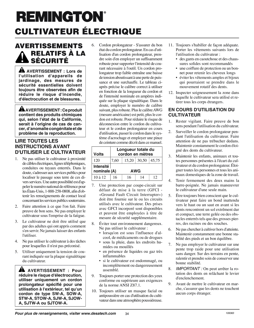 Remington 109312-01 Avertissements Relatifs À LA Sécurité, Lire Toutes LES Instructions Avant Dutiliser LE Cultivateur 