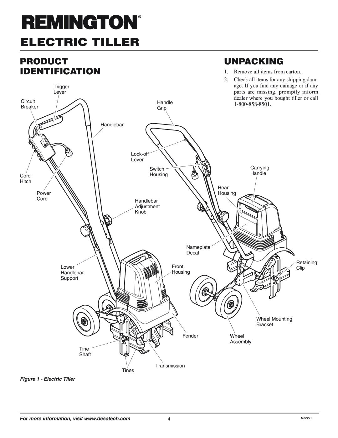 Remington 109312-01 owner manual Product Identification Unpacking 