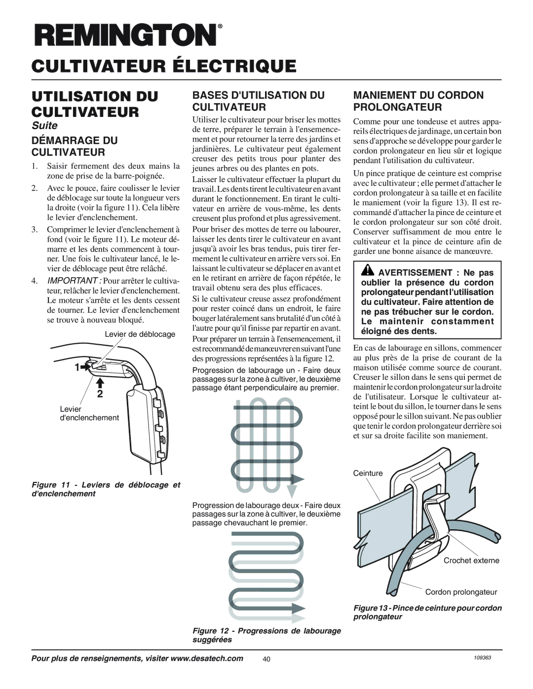 Remington 109312-01 Démarrage DU Cultivateur, Bases Dutilisation DU Cultivateur, Maniement DU Cordon Prolongateur 