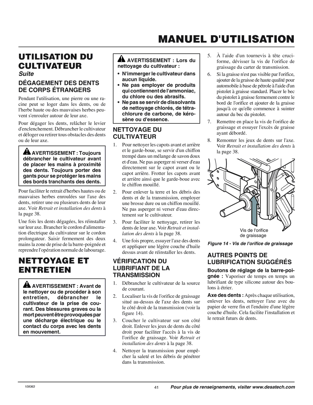 Remington 109312-01 owner manual Nettoyage ET Entretien, Dégagement DES Dents DE Corps Étrangers, Nettoyage DU Cultivateur 