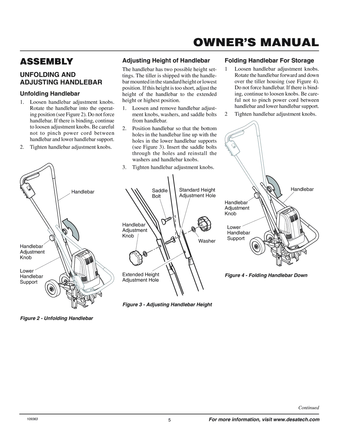 Remington 109312-01 Assembly, Unfolding and Adjusting Handlebar, Unfolding Handlebar, Adjusting Height of Handlebar 