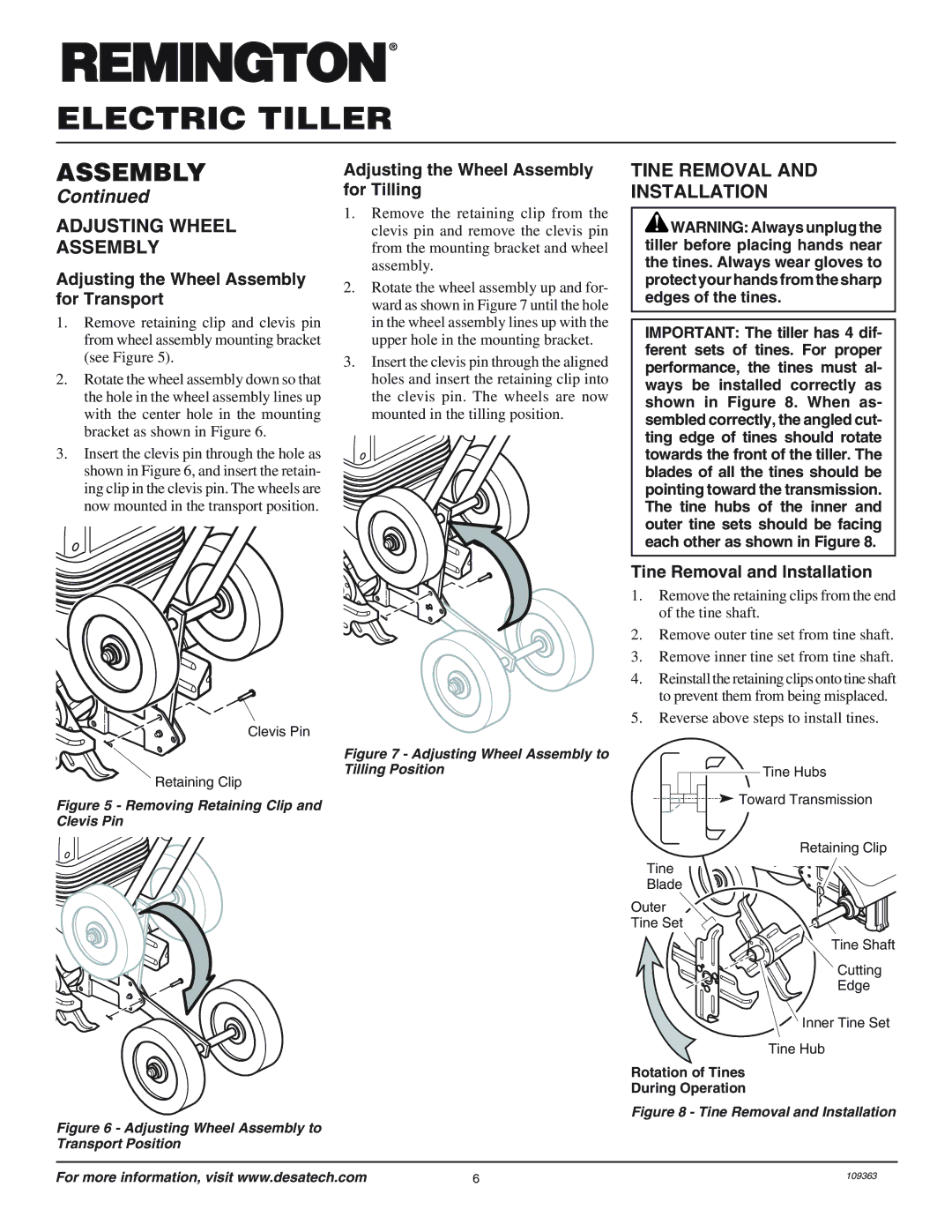 Remington 109312-01 Adjusting Wheel Assembly, Tine Removal Installation, Adjusting the Wheel Assembly for Transport 