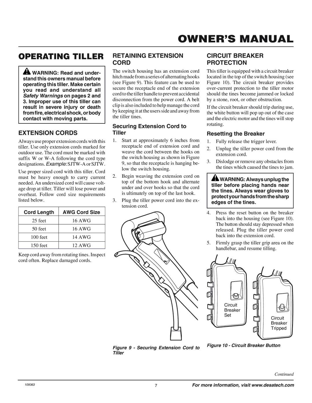 Remington 109312-01 owner manual Operating Tiller, Extension Cords, Retaining Extension Cord, Circuit Breaker Protection 