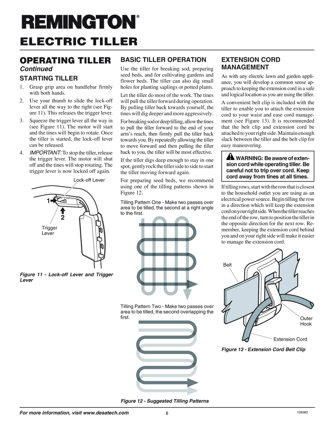 Remington 109312-01 owner manual Starting Tiller, Basic Tiller Operation, Extension Cord Management 