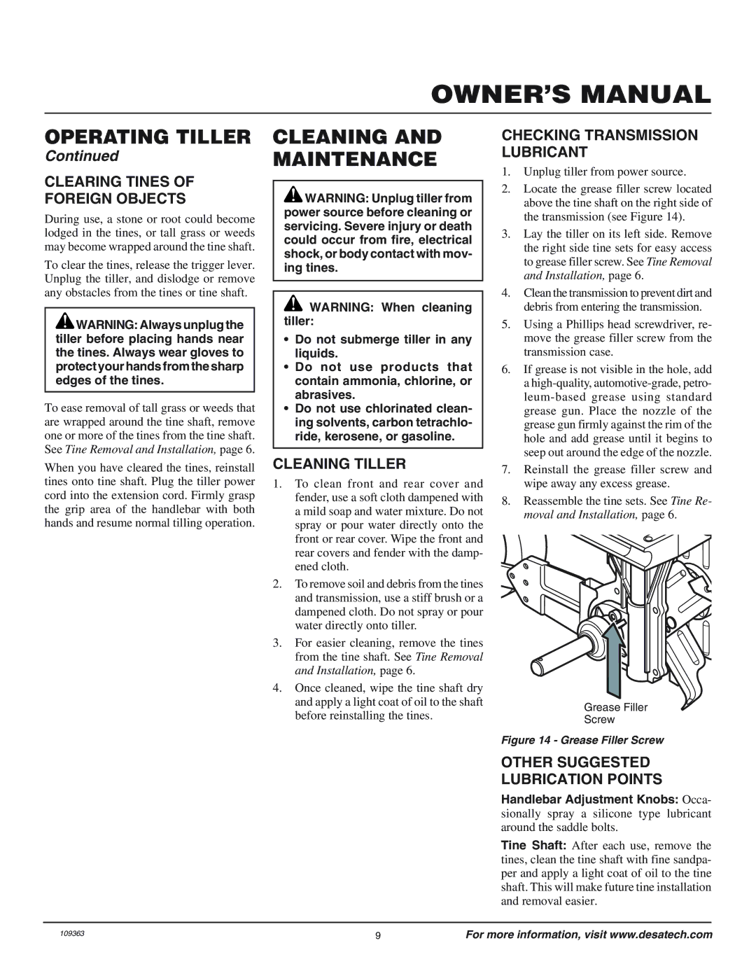 Remington 109312-01 owner manual Cleaning and Maintenance, Clearing Tines Foreign Objects, Cleaning Tiller 