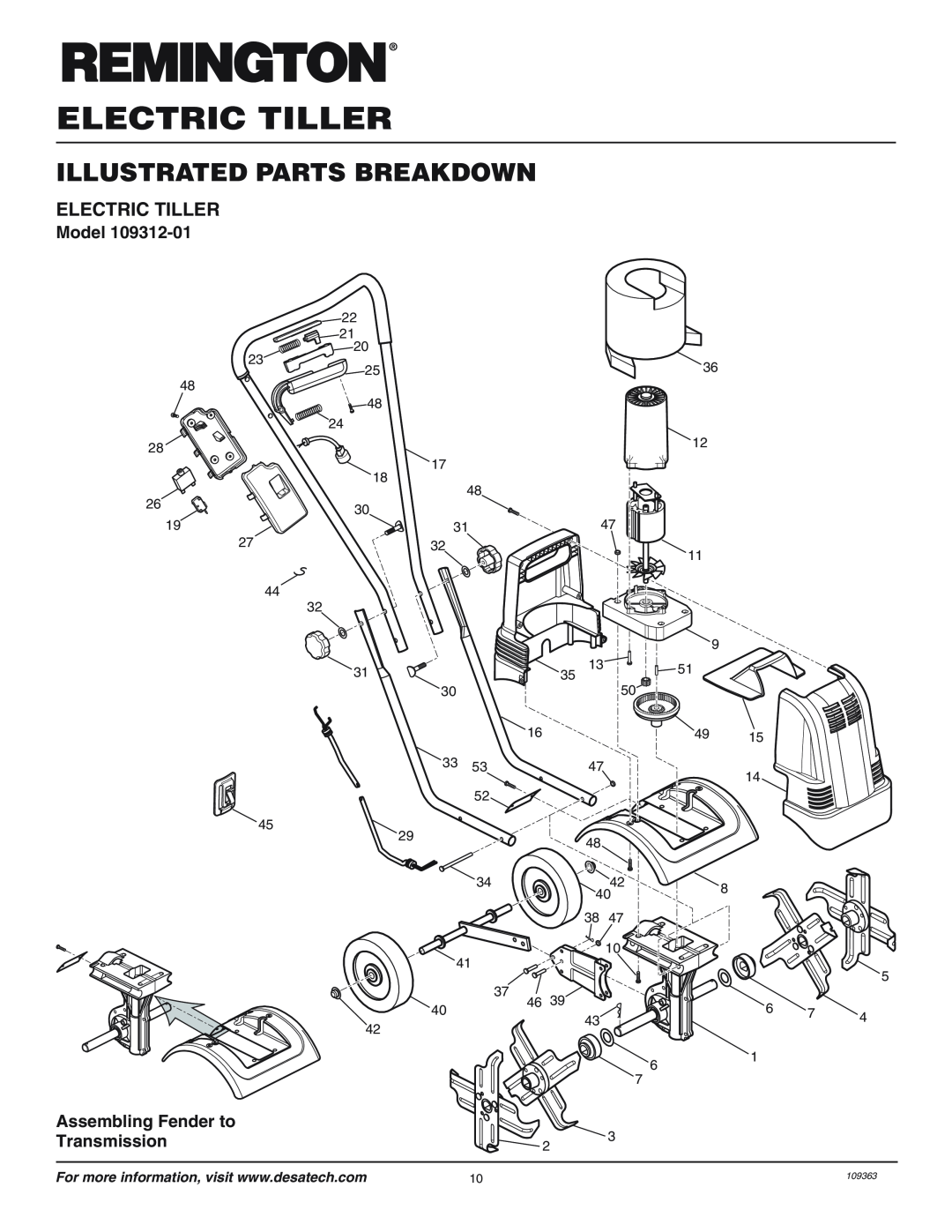 Remington 109312-01 owner manual Illustrated Parts Breakdown, Electric Tiller, Model, Assembling Fender to Transmission 