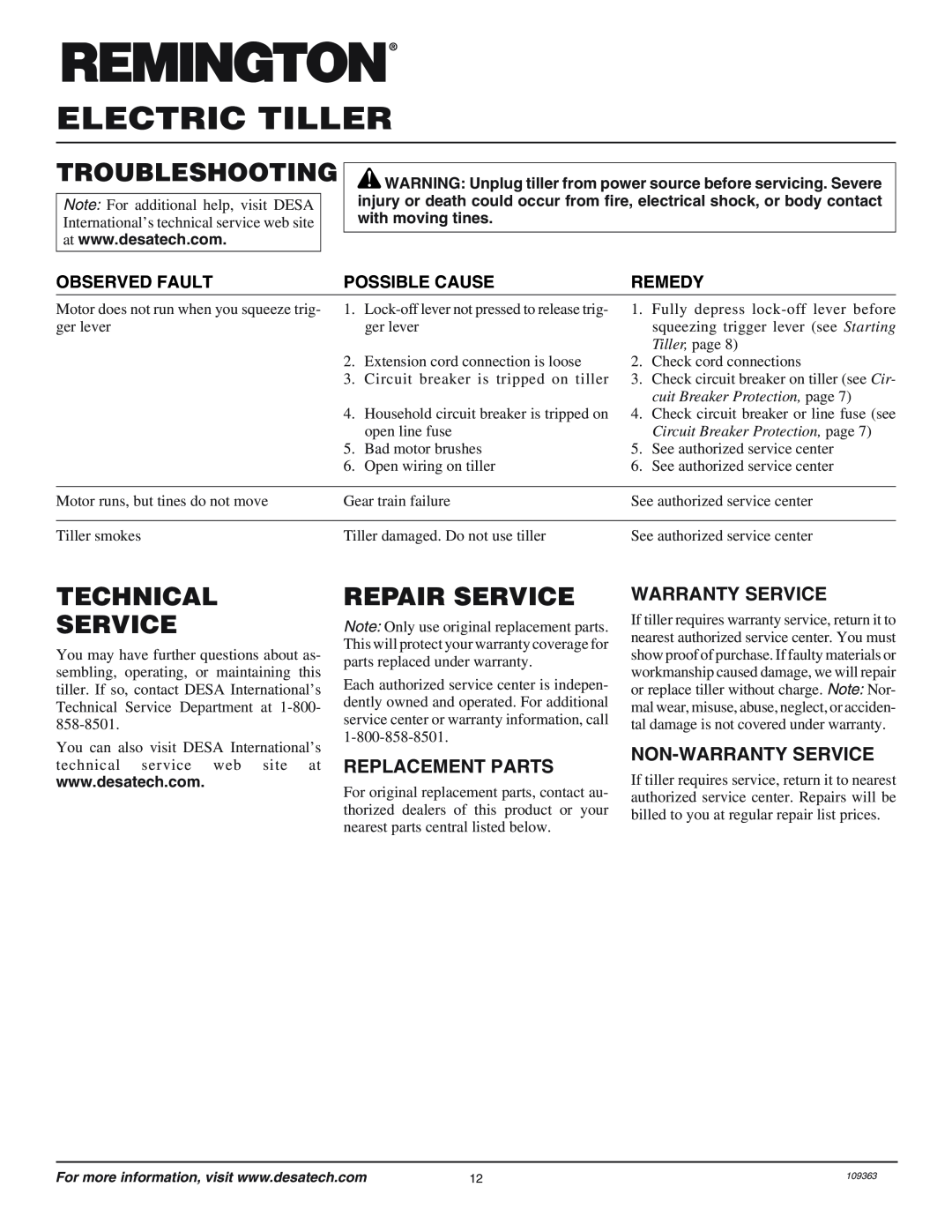 Remington 109312-01 Troubleshooting, Technical Service, Repair Service, Replacement Parts, Warranty Service, Remedy 