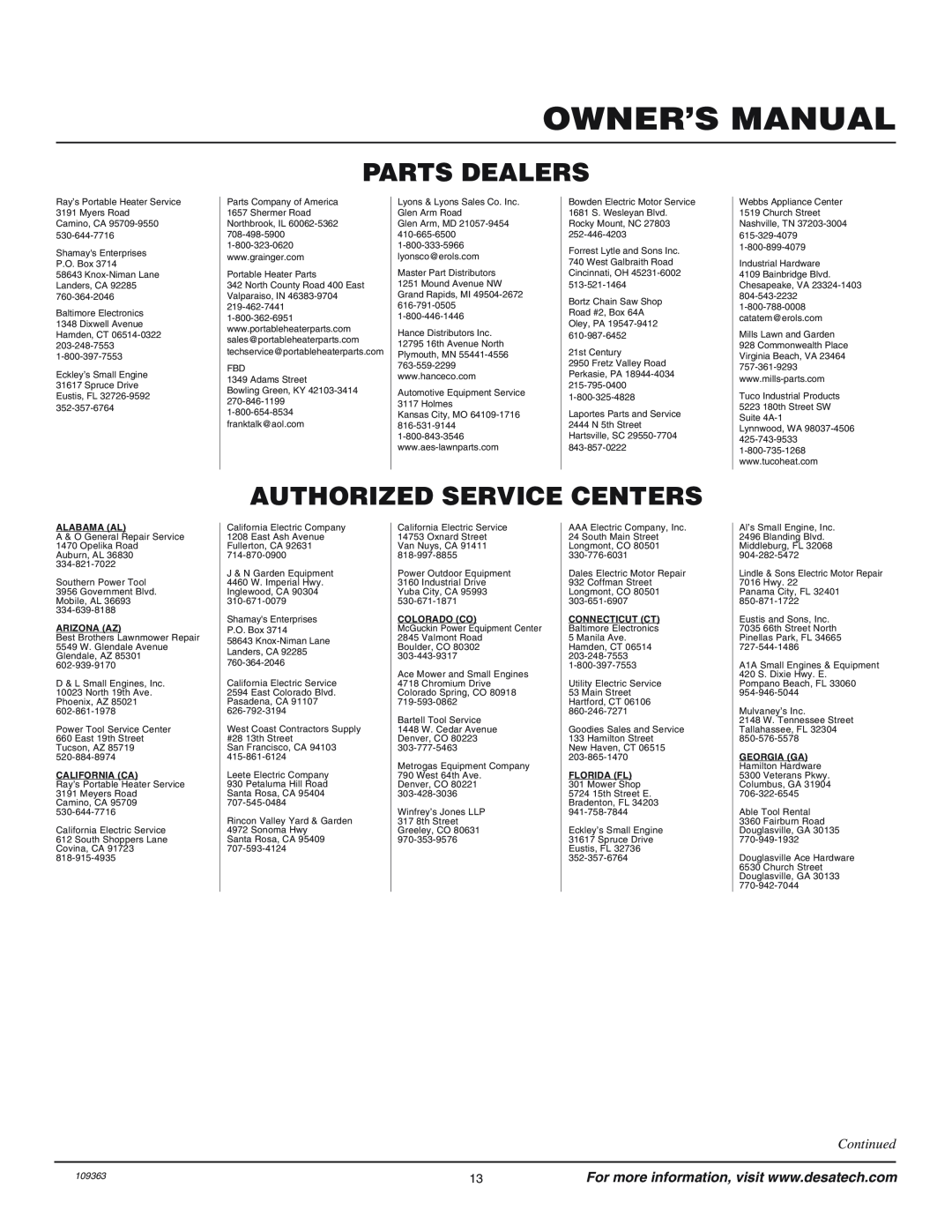 Remington 109312-01 owner manual Parts Dealers, Authorized Service Centers, Owner’S Manual, Continued, 109363 