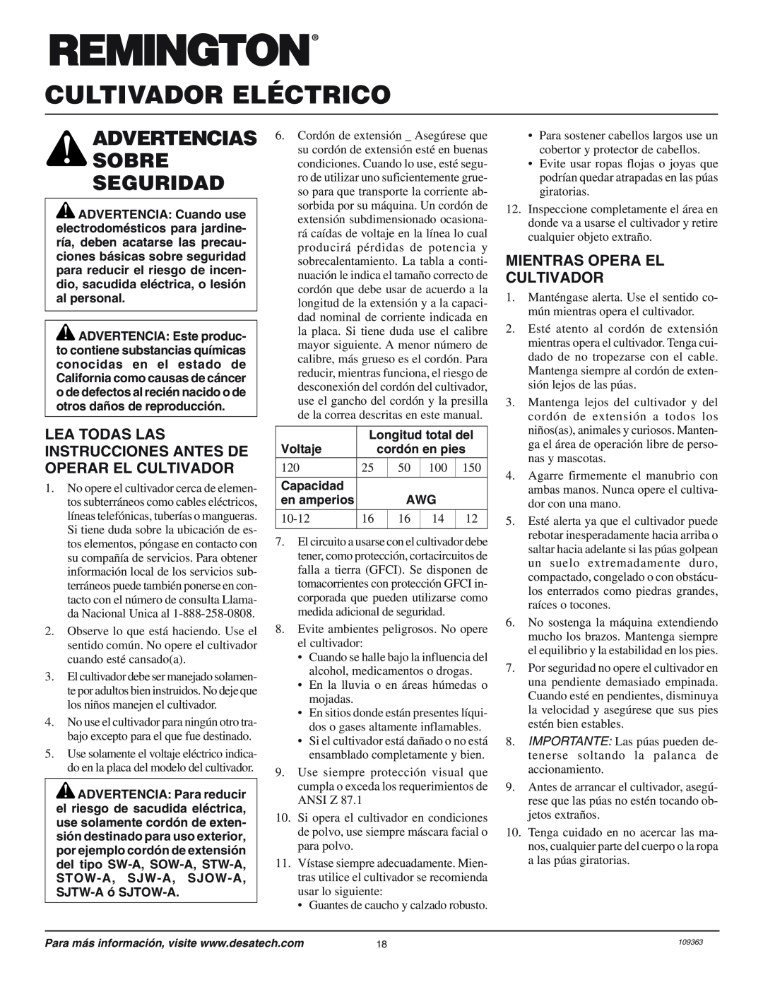 Remington 109312-01 Cultivador Eléctrico, Advertencias Sobre Seguridad, Mientras Opera El Cultivador, Longitud total del 