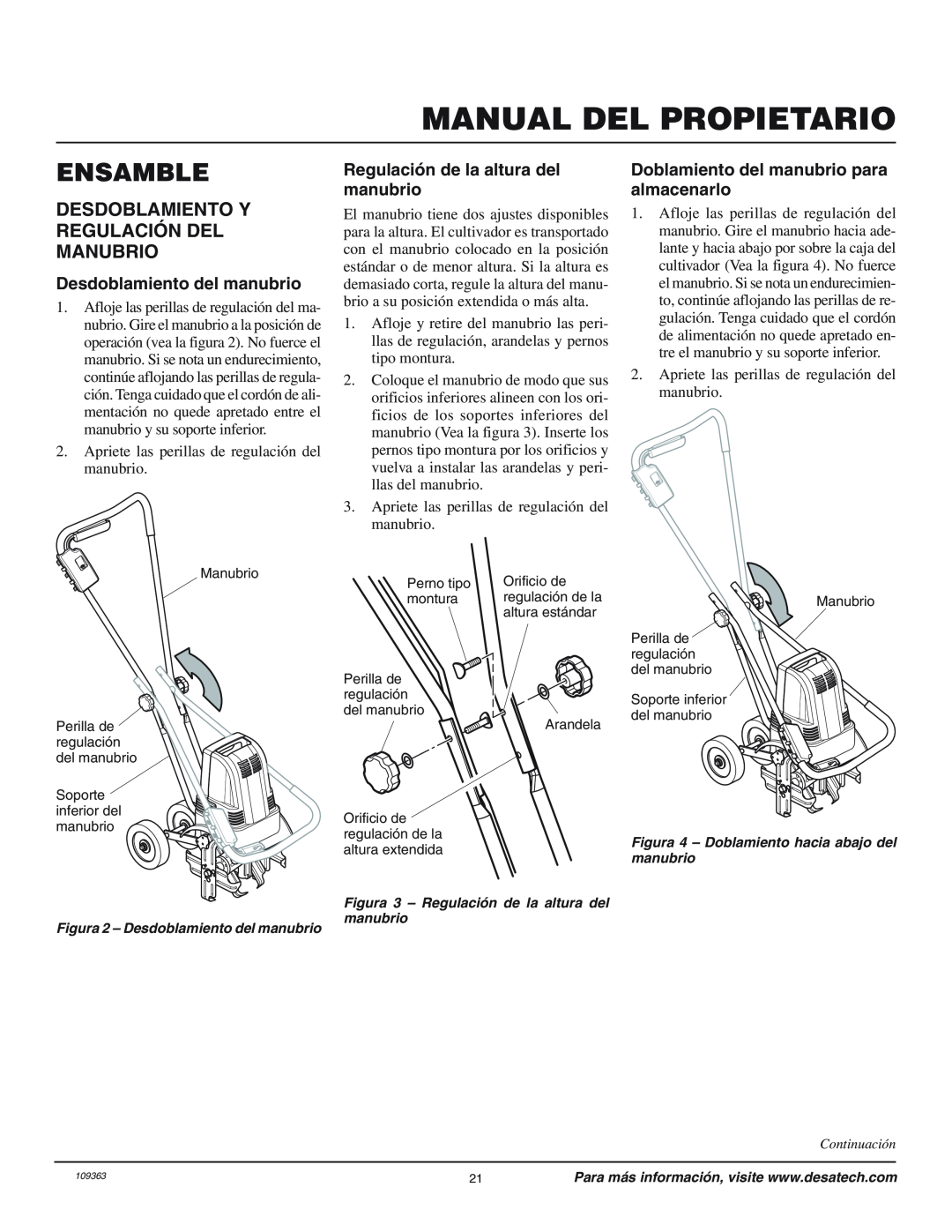 Remington 109312-01 owner manual Ensamble, Desdoblamiento Y Regulación Del Manubrio, Desdoblamiento del manubrio 