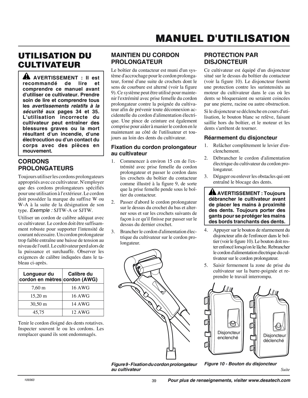 Remington 109312-01 Utilisation Du Cultivateur, Cordons Prolongateurs, Maintien Du Cordon Prolongateur, Longueur du 
