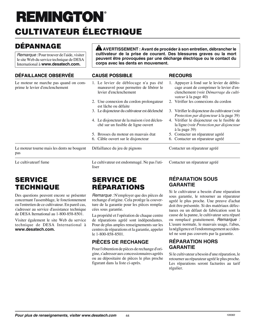 Remington 109312-01 Dépannage, Service Technique, Service De Réparations, Réparation Sous Garantie, Pièces De Rechange 