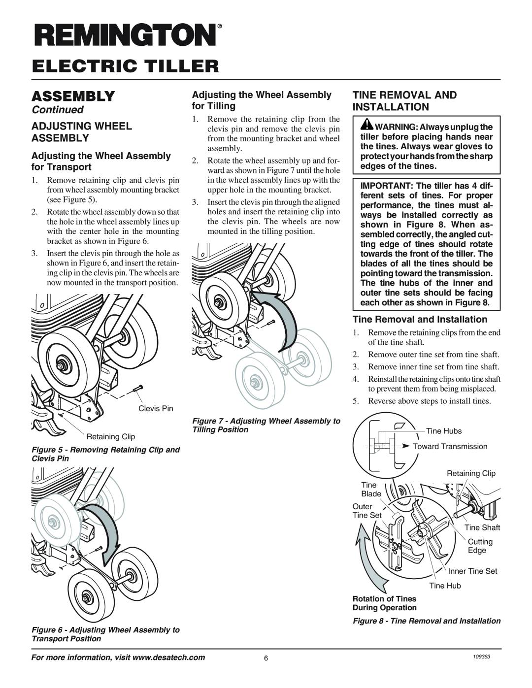 Remington 109312-01 Adjusting Wheel Assembly, Tine Removal And Installation, Adjusting the Wheel Assembly for Transport 