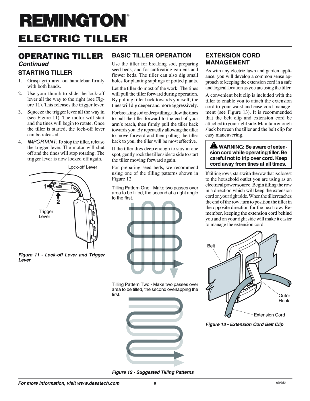 Remington 109312-01 Starting Tiller, Basic Tiller Operation, Extension Cord Management, Electric Tiller, Operating Tiller 
