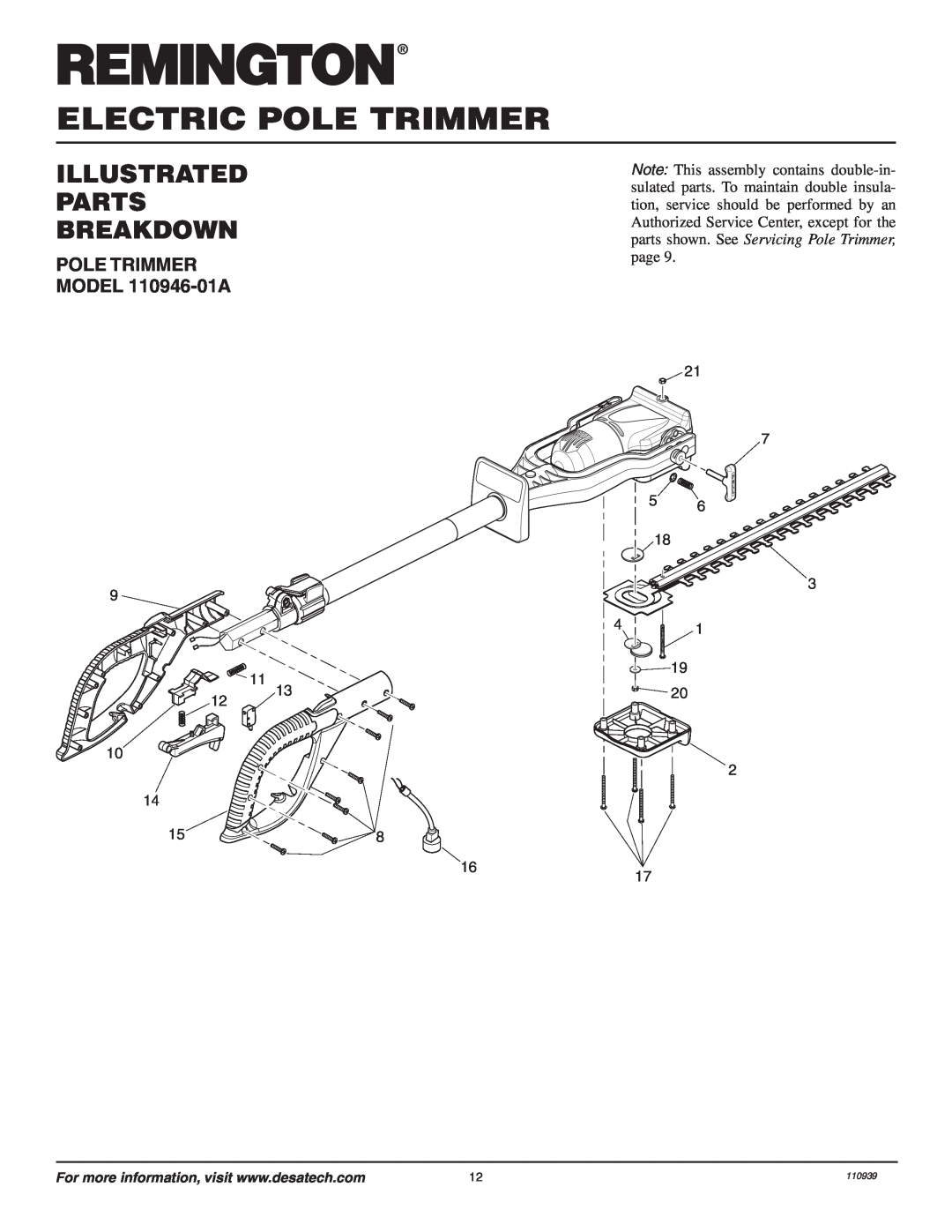 Remington owner manual Illustrated Parts Breakdown, POLE TRIMMER MODEL 110946-01A, Electric Pole Trimmer, 110939 