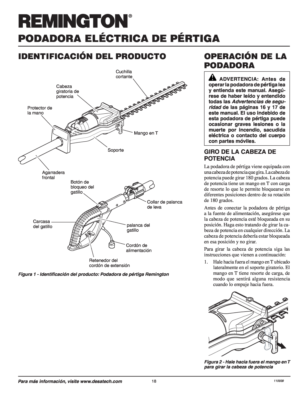 Remington 110946-01A owner manual Identificación Del Producto, Operación De La Podadora, Giro De La Cabeza De Potencia 