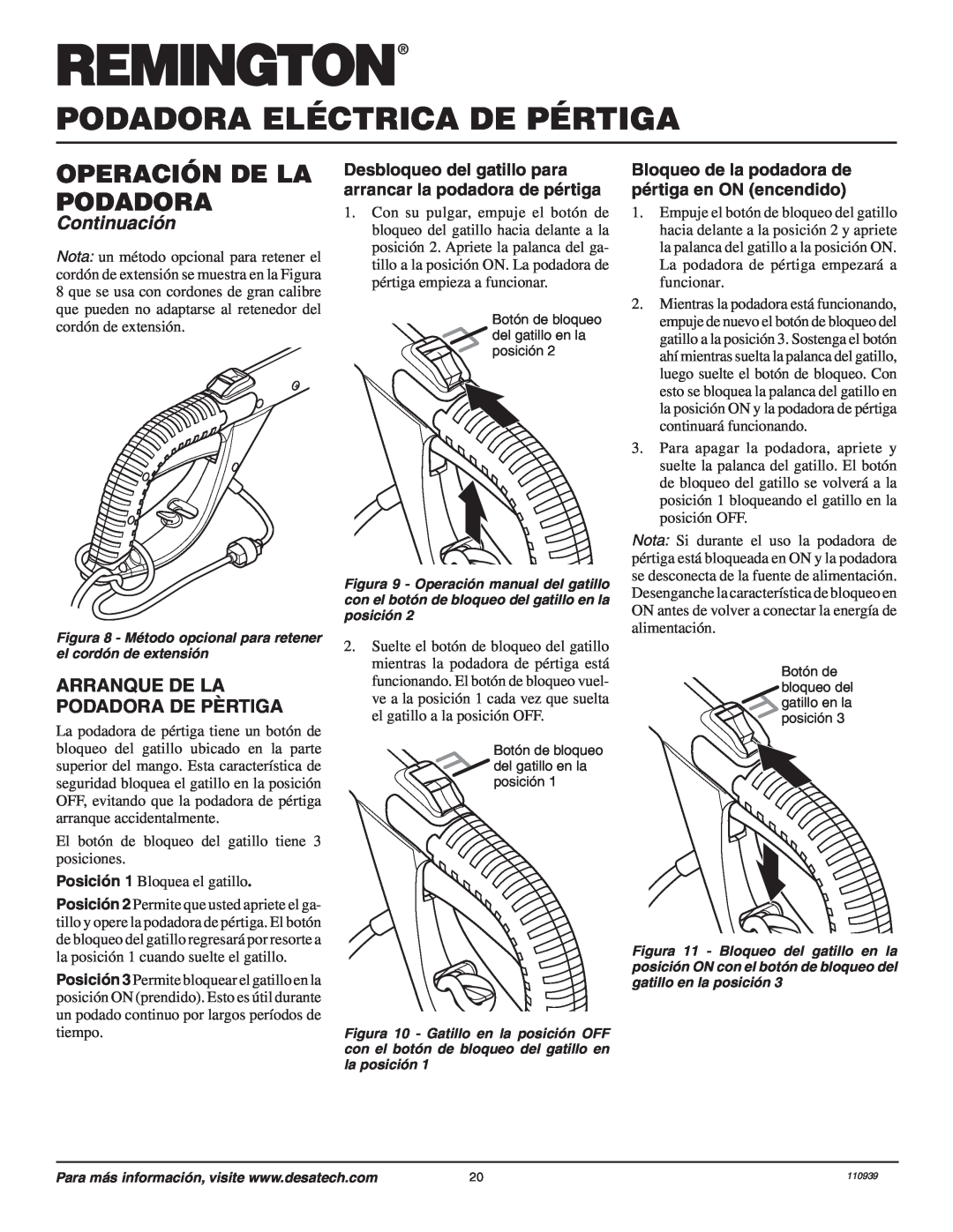 Remington 110946-01A Arranque De La Podadora De Pèrtiga, Desbloqueo del gatillo para arrancar la podadora de pértiga 