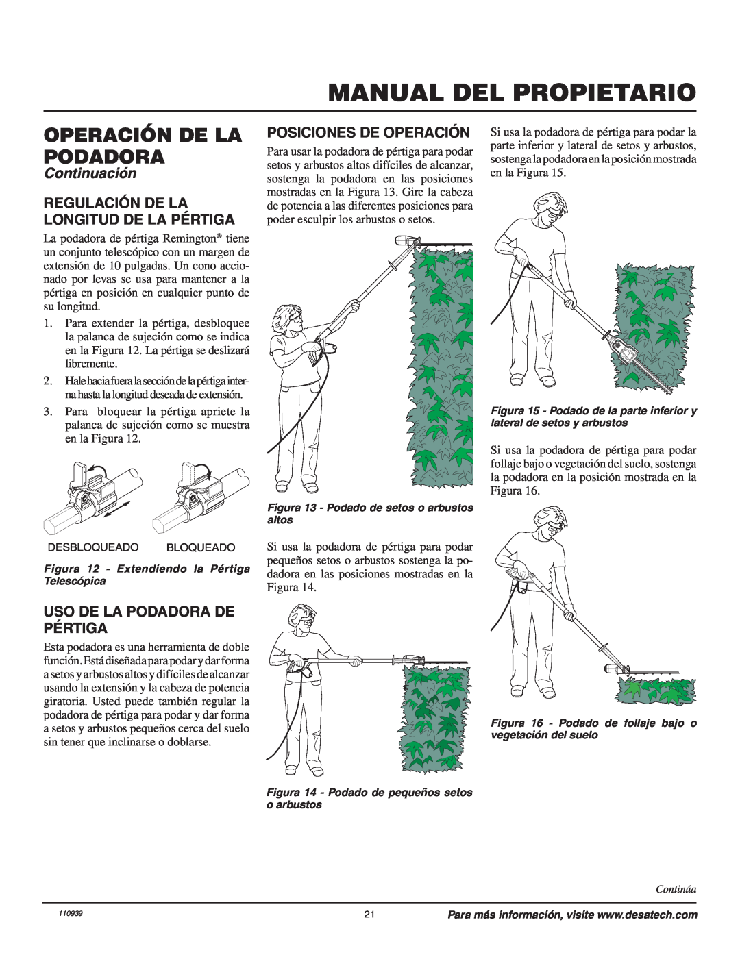 Remington 110946-01A Regulación De La Longitud De La Pértiga, Posiciones De Operación, Uso De La Podadora De Pértiga 