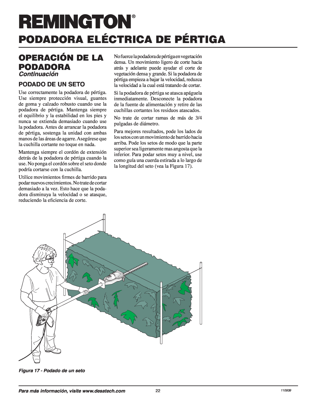 Remington 110946-01A owner manual Podado De Un Seto, Podadora Eléctrica De Pértiga, Operación De La Podadora, Continuación 